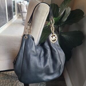 Michael Kors Black Pebbled Leather Fulton Slouchy Hobo Bag Purse Large Logo Gold